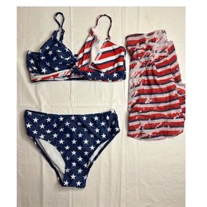 American Flag 3 Piece Swimsuit Set Patriotic Stars & Stripes Kids‎ Size 12